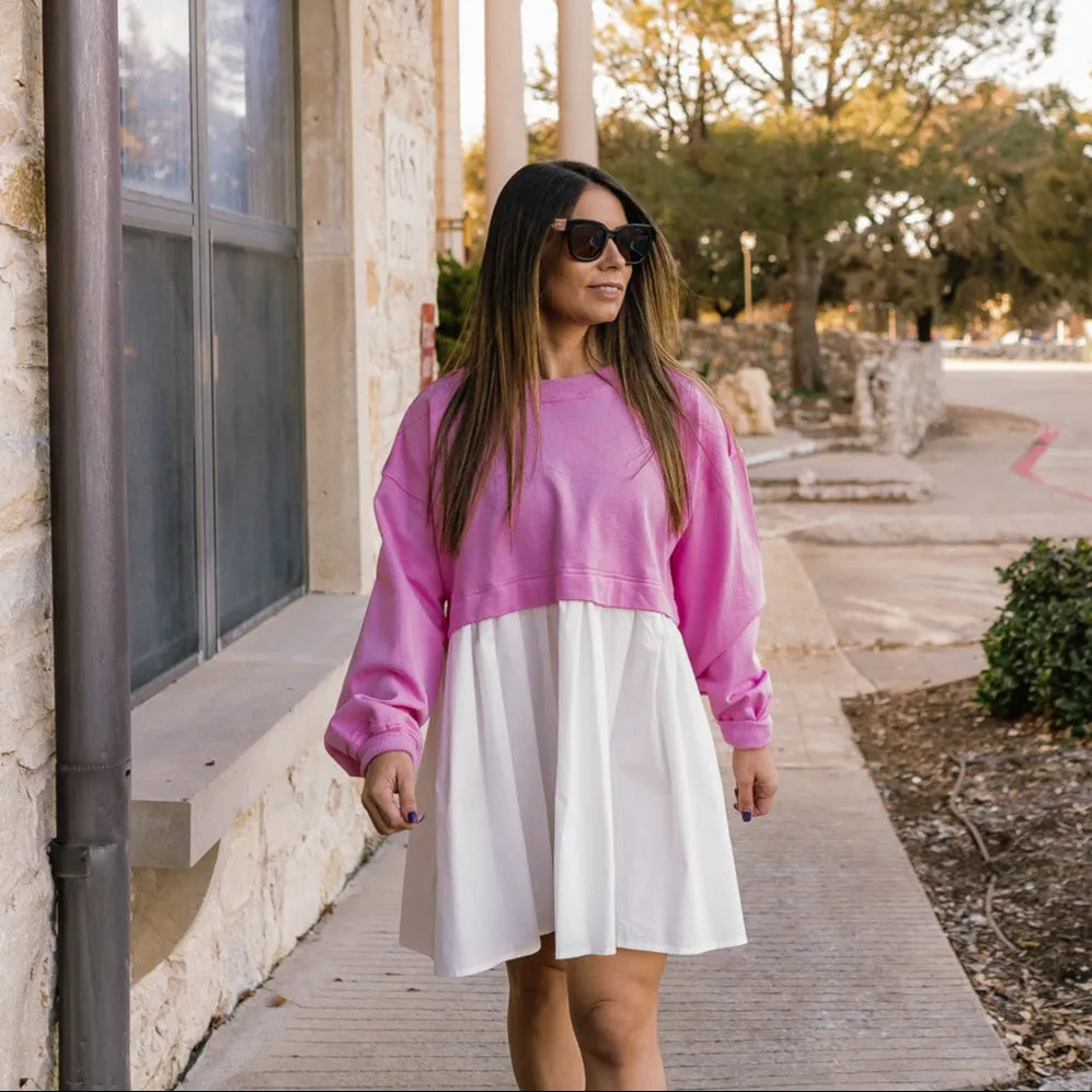 Lillie Pink Colorblock Terry Pleated Mini Dress