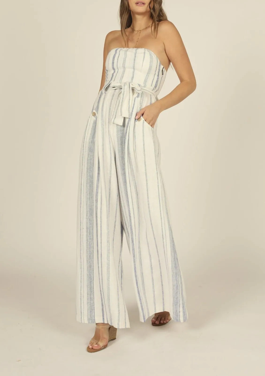 Linen Vertical Stripe Wide Leg Strapless Jumpsuit