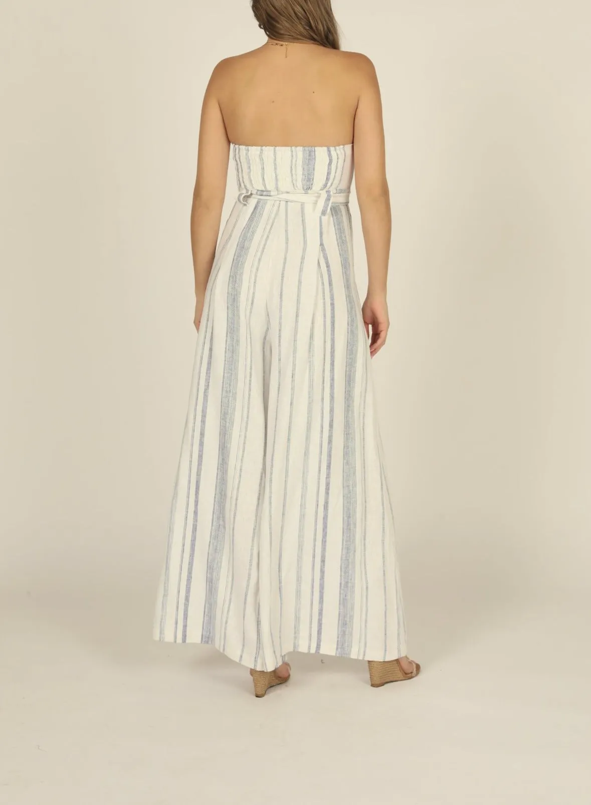 Linen Vertical Stripe Wide Leg Strapless Jumpsuit