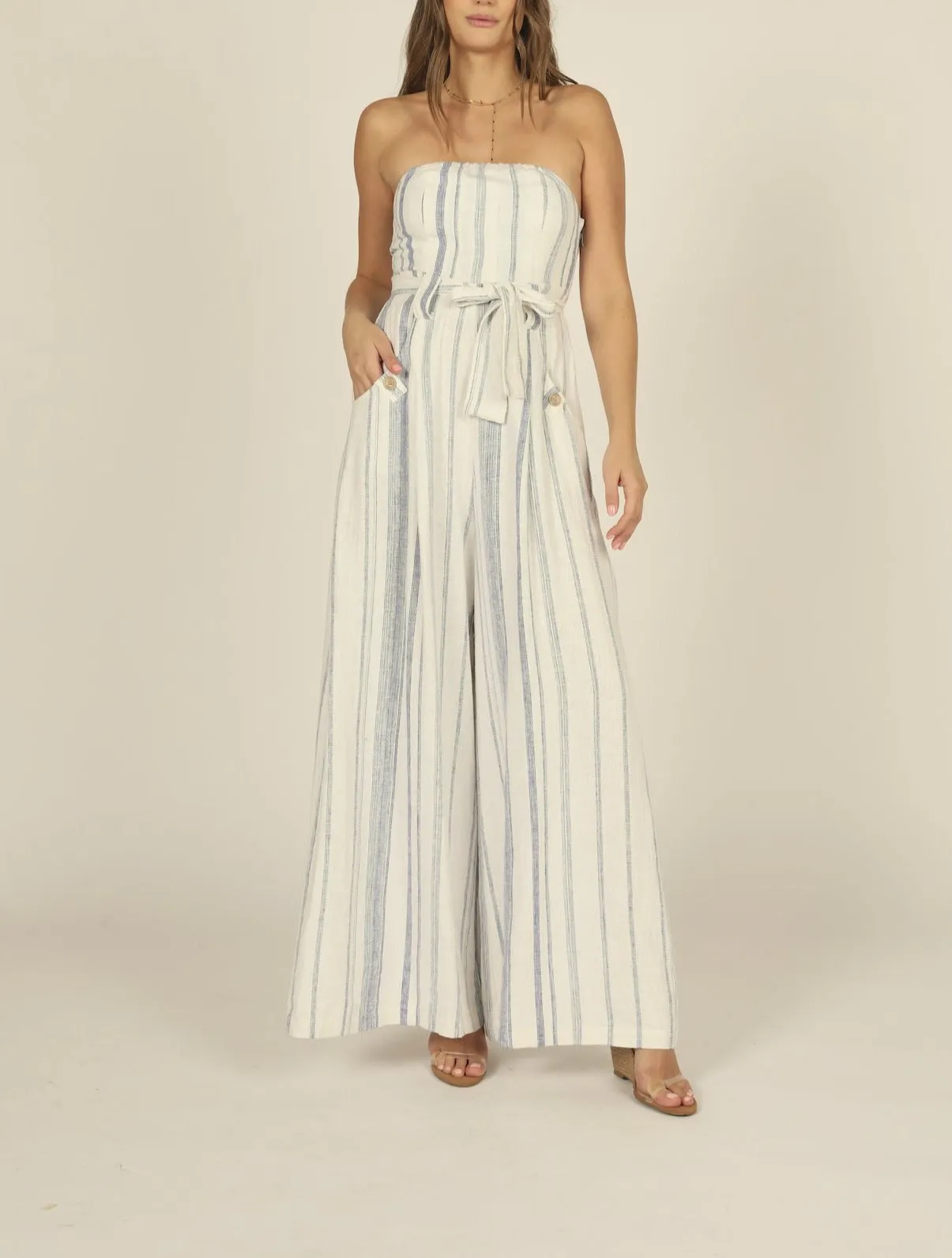 Linen Vertical Stripe Wide Leg Strapless Jumpsuit