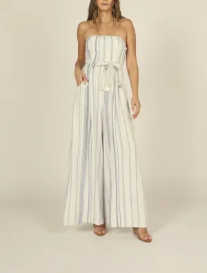Linen Vertical Stripe Wide Leg Strapless Jumpsuit