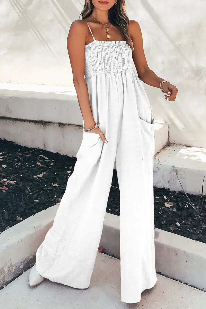 Living Solid Pocket Spaghetti Strap Loose Jumpsuits(5 Colors)