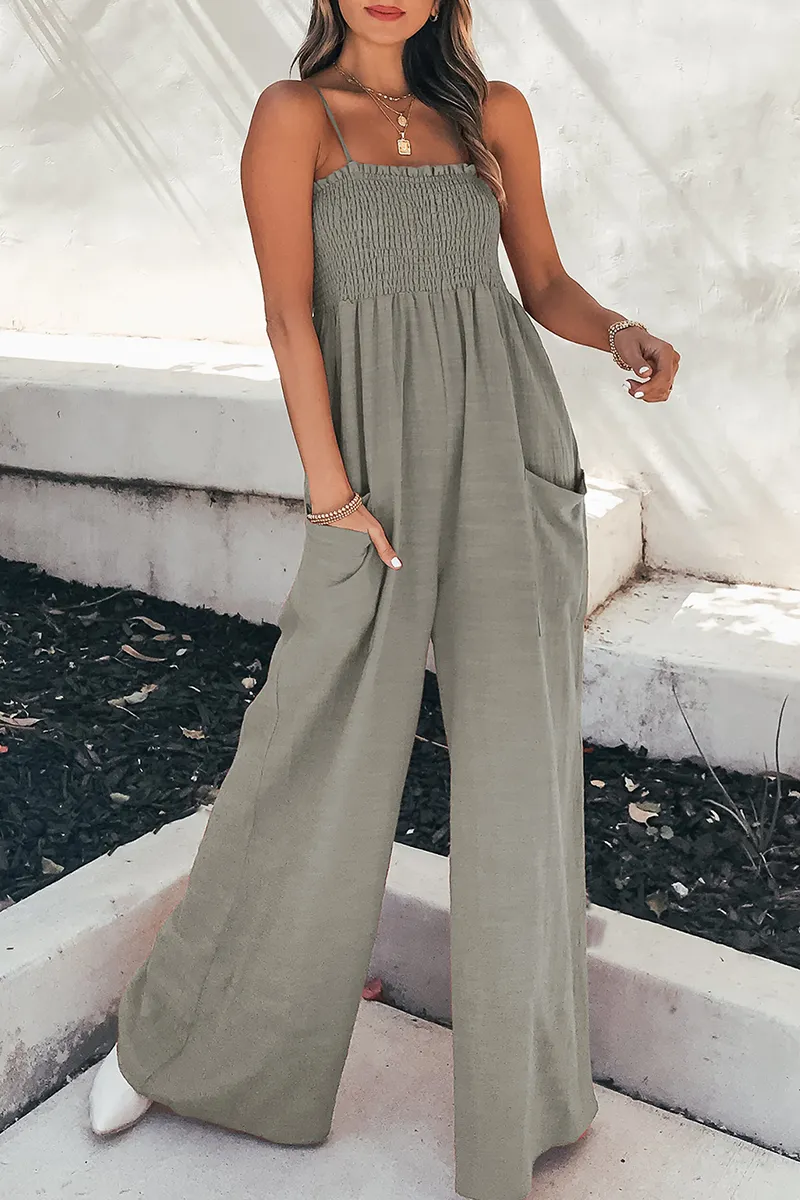 Living Solid Pocket Spaghetti Strap Loose Jumpsuits(5 Colors)
