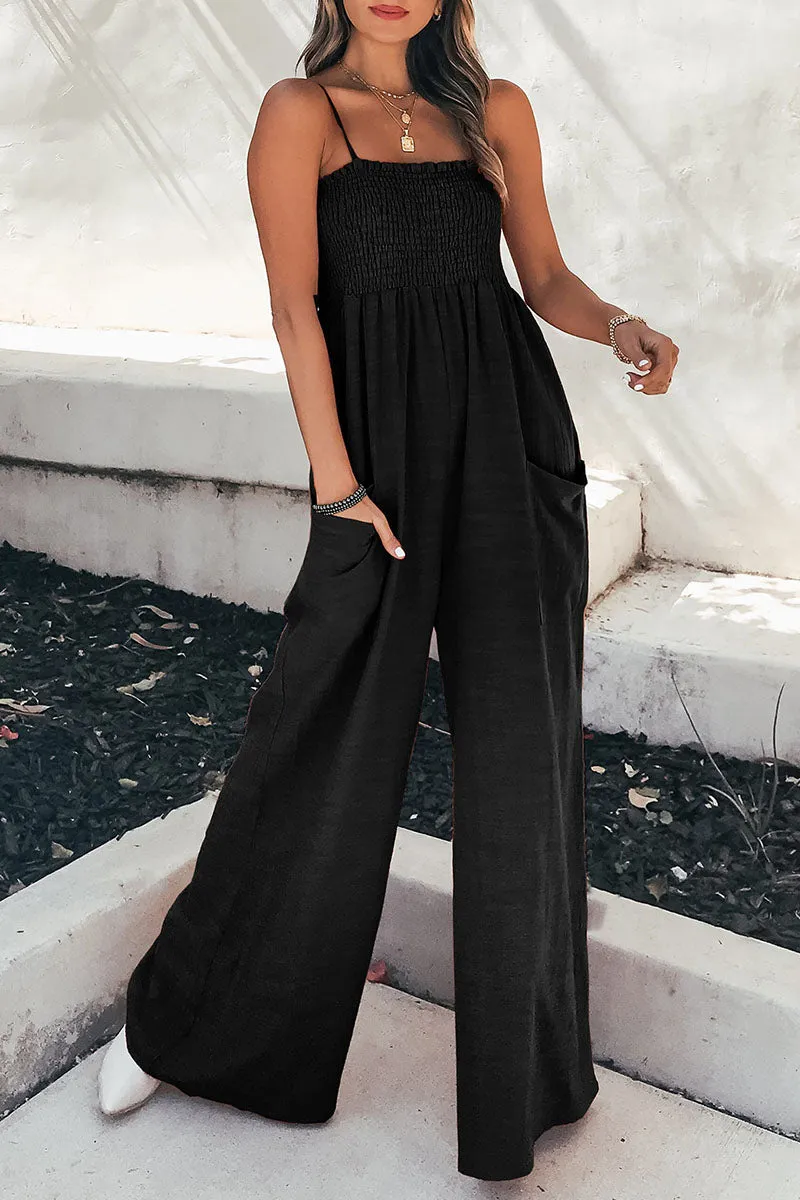 Living Solid Pocket Spaghetti Strap Loose Jumpsuits(5 Colors)