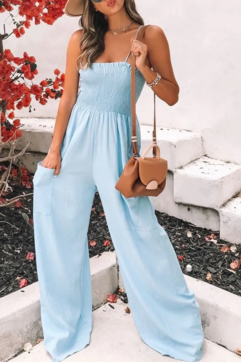 Living Solid Pocket Spaghetti Strap Loose Jumpsuits(5 Colors)