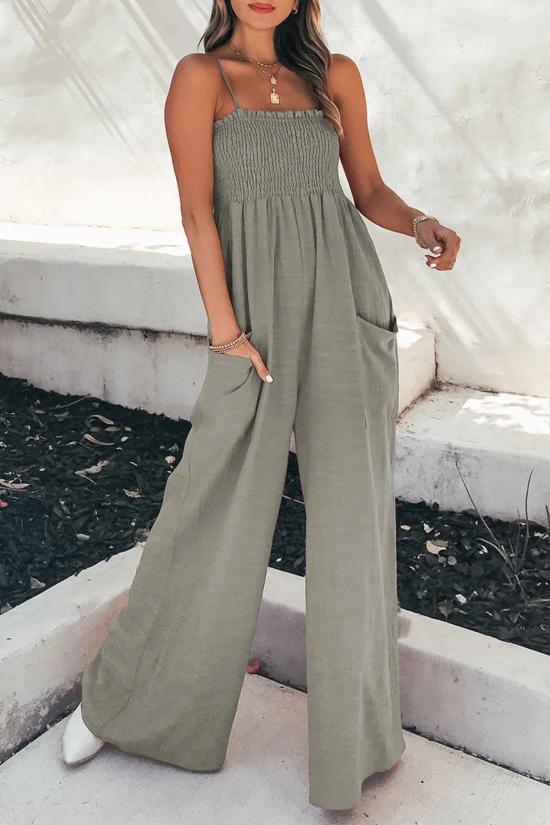 Living Solid Pocket Spaghetti Strap Loose Jumpsuits(5 Colors)