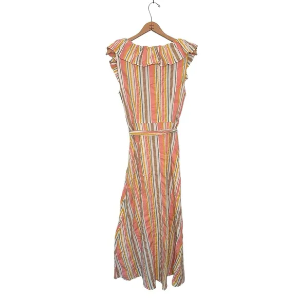 Loft | Striped Ruffle Scoop Neck Midi Dress Size 10 NWT