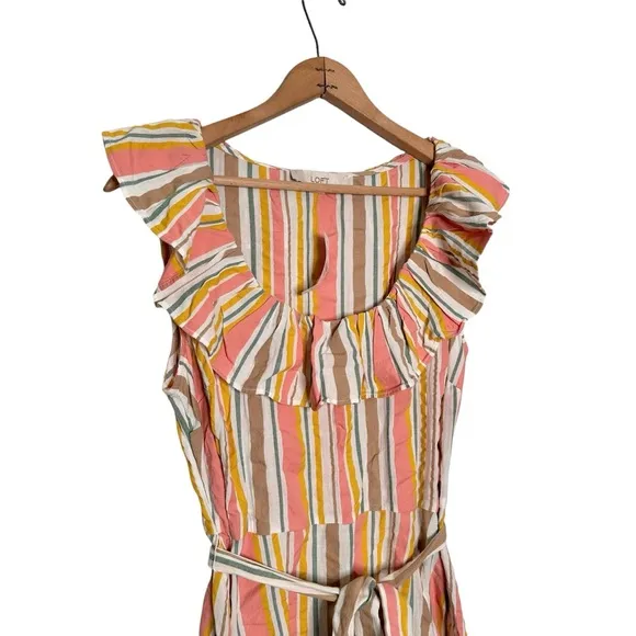 Loft | Striped Ruffle Scoop Neck Midi Dress Size 10 NWT