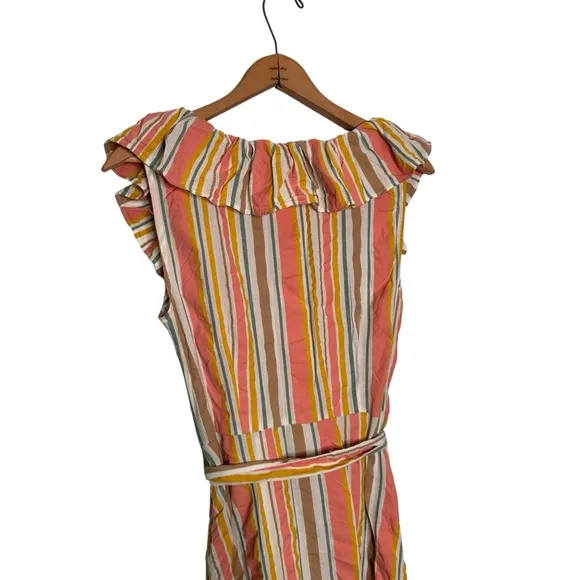 Loft | Striped Ruffle Scoop Neck Midi Dress Size 10 NWT