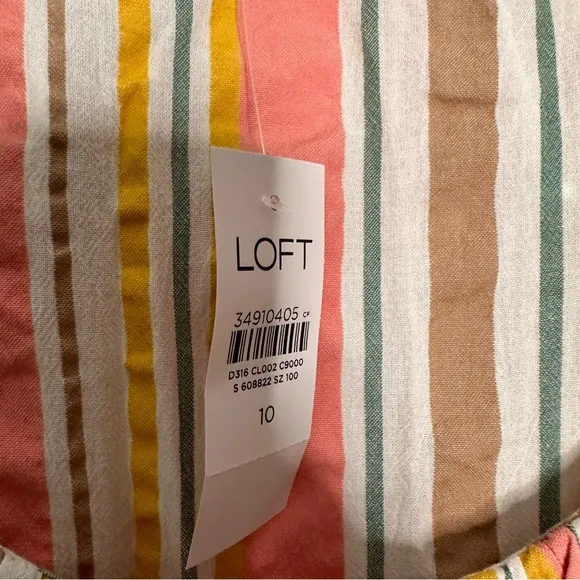 Loft | Striped Ruffle Scoop Neck Midi Dress Size 10 NWT