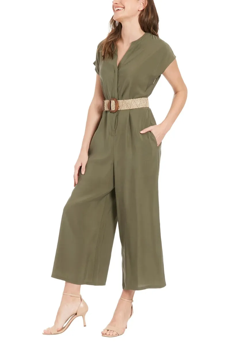 London Times Belted Wide Leg With Side Pockets Jumpsuit