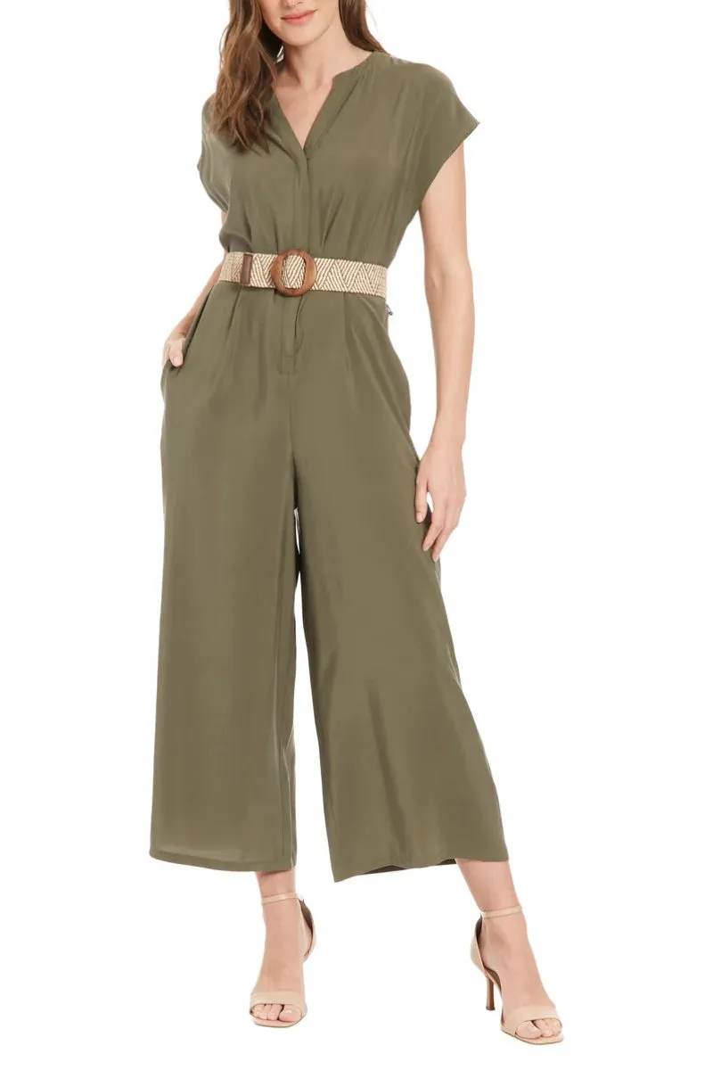 London Times Belted Wide Leg With Side Pockets Jumpsuit