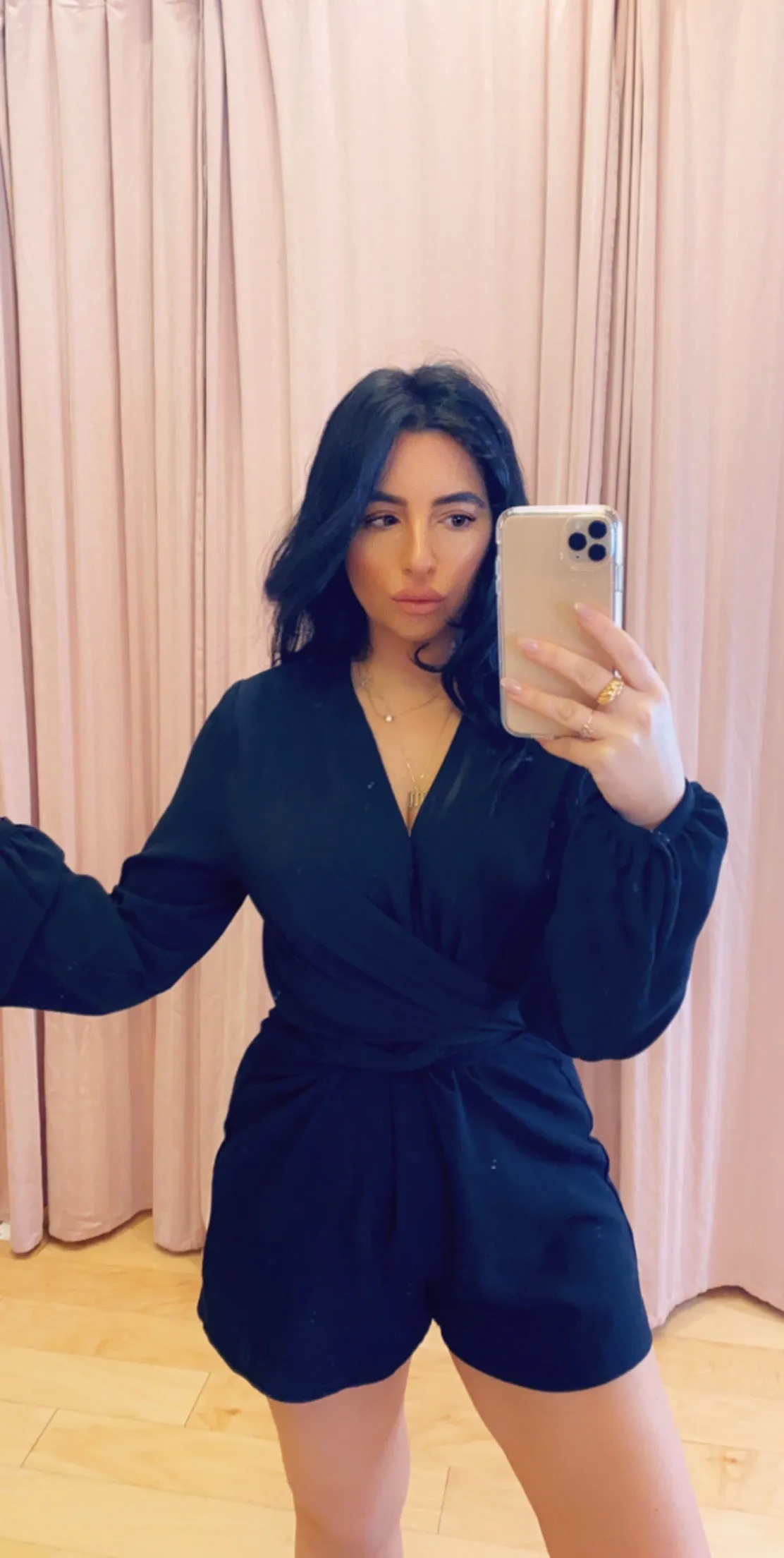 Long Sleeve Faux Tie Front Open Back Romper