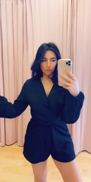 Long Sleeve Faux Tie Front Open Back Romper