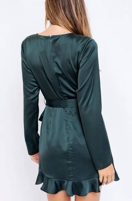Long Sleeve Satin Ruffle Faux Wrap Romper