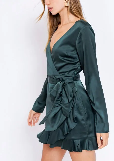 Long Sleeve Satin Ruffle Faux Wrap Romper