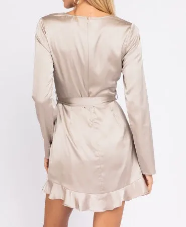 Long Sleeve Satin Ruffle Faux Wrap Romper