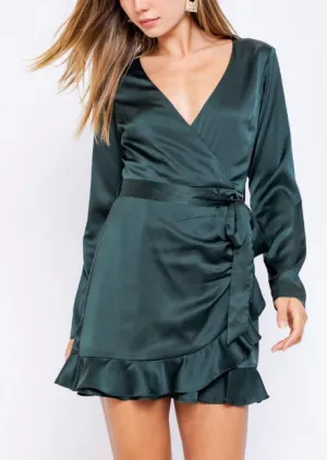 Long Sleeve Satin Ruffle Faux Wrap Romper