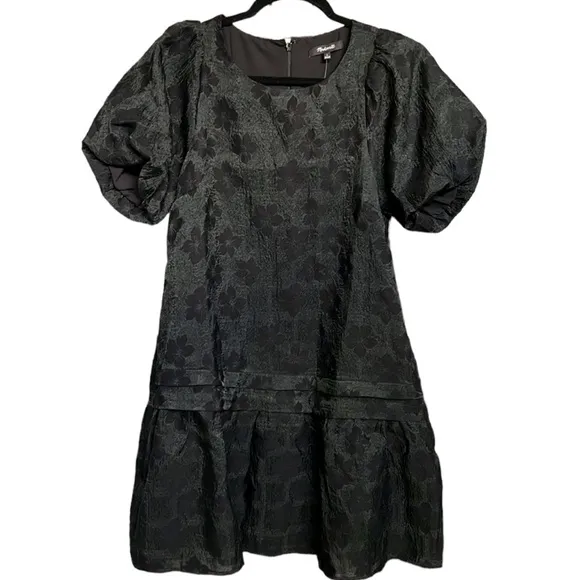 Madewell Puff-Sleeve Pleated Mini Dress w Pockets Floral Jacquard Black Medium
