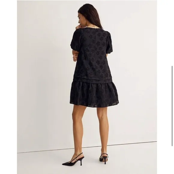 Madewell Puff-Sleeve Pleated Mini Dress w Pockets Floral Jacquard Black Medium