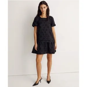 Madewell Puff-Sleeve Pleated Mini Dress w Pockets Floral Jacquard Black Medium