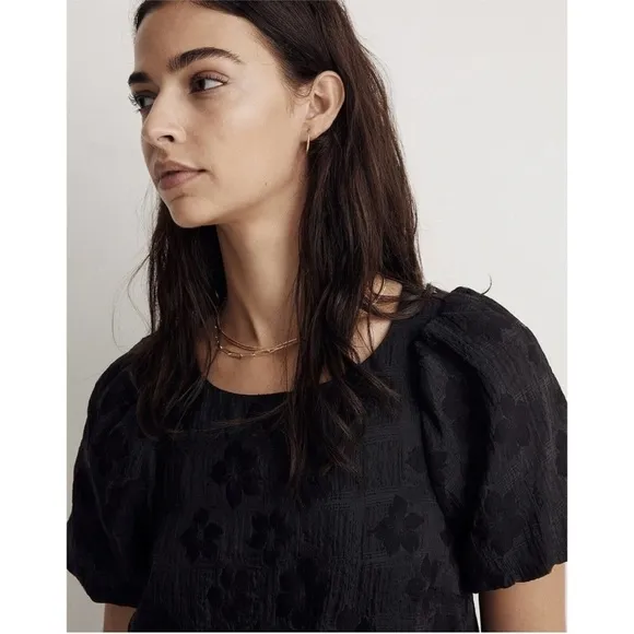 Madewell Puff-Sleeve Pleated Mini Dress w Pockets Floral Jacquard Black Medium
