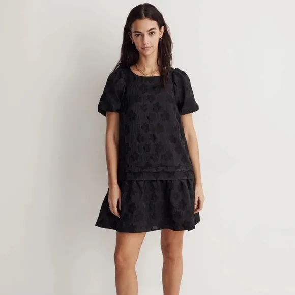 Madewell Puff-Sleeve Pleated Mini Dress w Pockets Floral Jacquard Black Medium