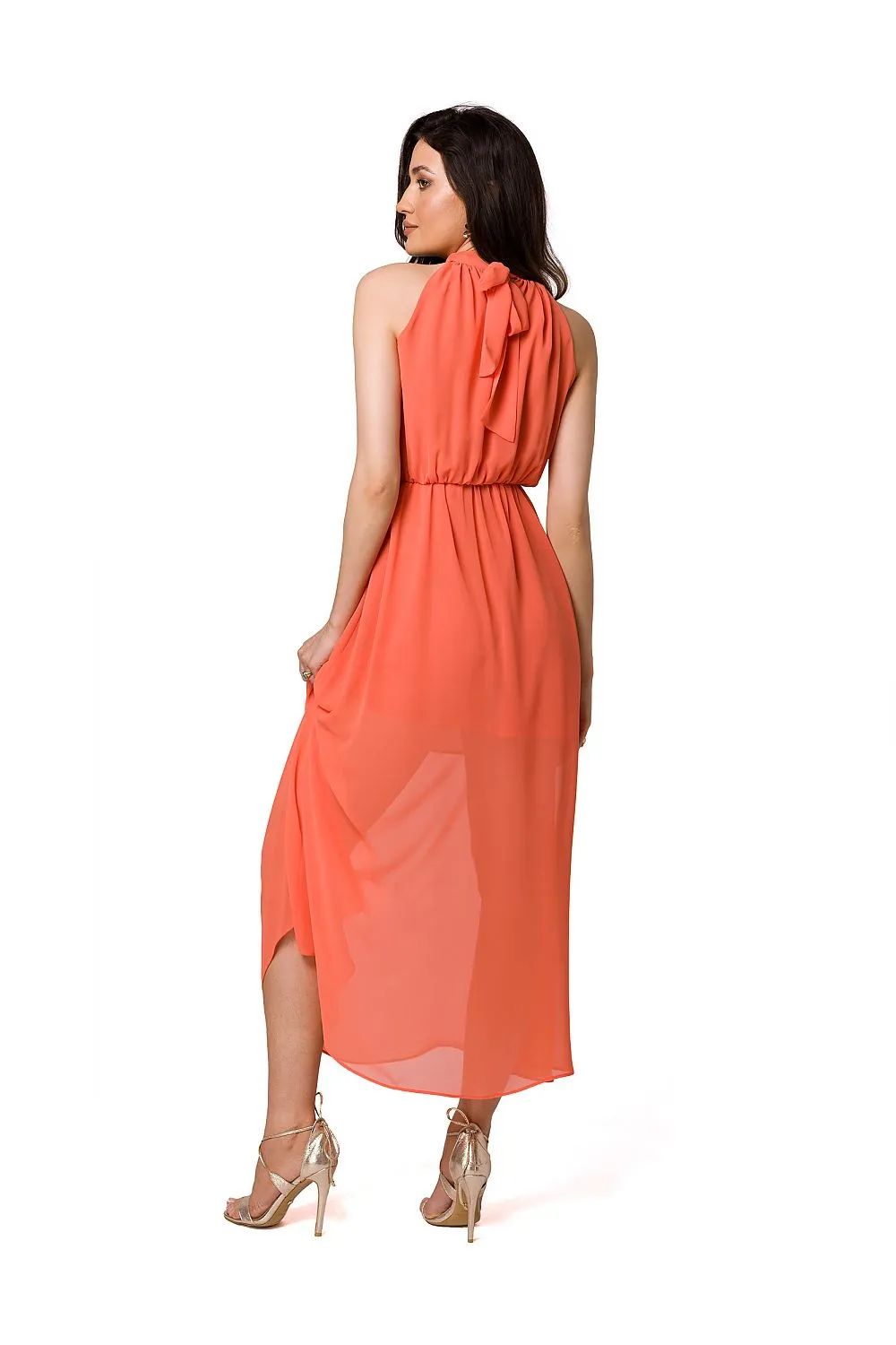 Makover Peach Flowy Midi Cocktail Dress