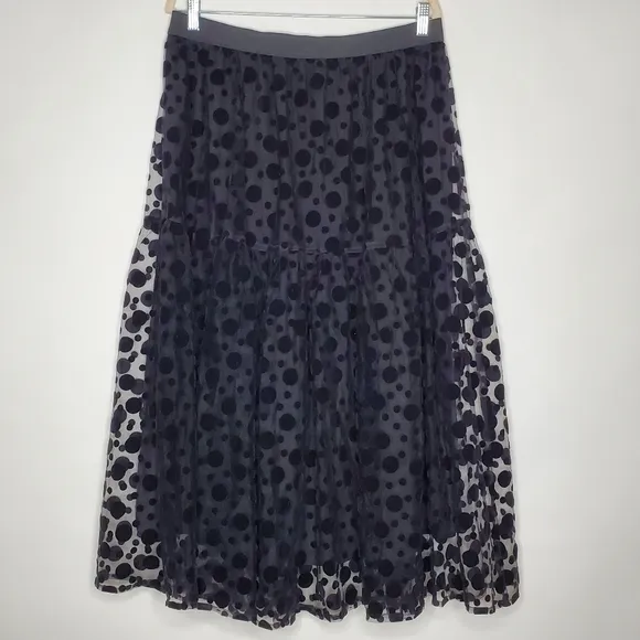 Masai Tulle Midi Skirt Sienna Size L Embroidered Dots Tiered Black Lined Fairy