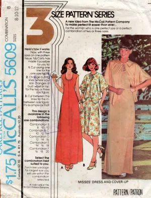 McCall's 5609 Womens Pullover Dresses & Cover Up 1970s Vintage Sewing Pattern Size 8