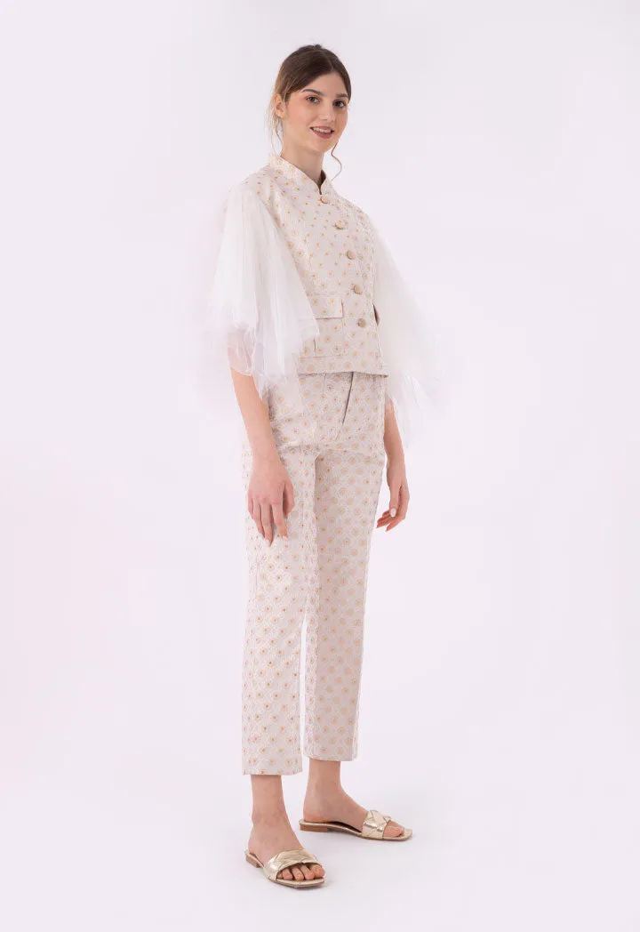 Metallic Lurex Jacquard Tulle Overlay Sleeve Jacket And Pants Set