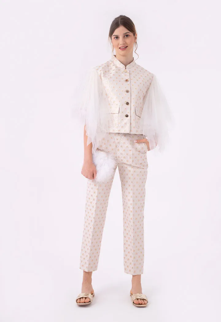 Metallic Lurex Jacquard Tulle Overlay Sleeve Jacket And Pants Set