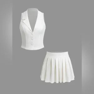 Micas Notched Lapel Vest And Pleated Mini Skirt Set, White, Large (D19)​​