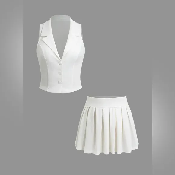 Micas Notched Lapel Vest And Pleated Mini Skirt Set, White, Large (D19)​​