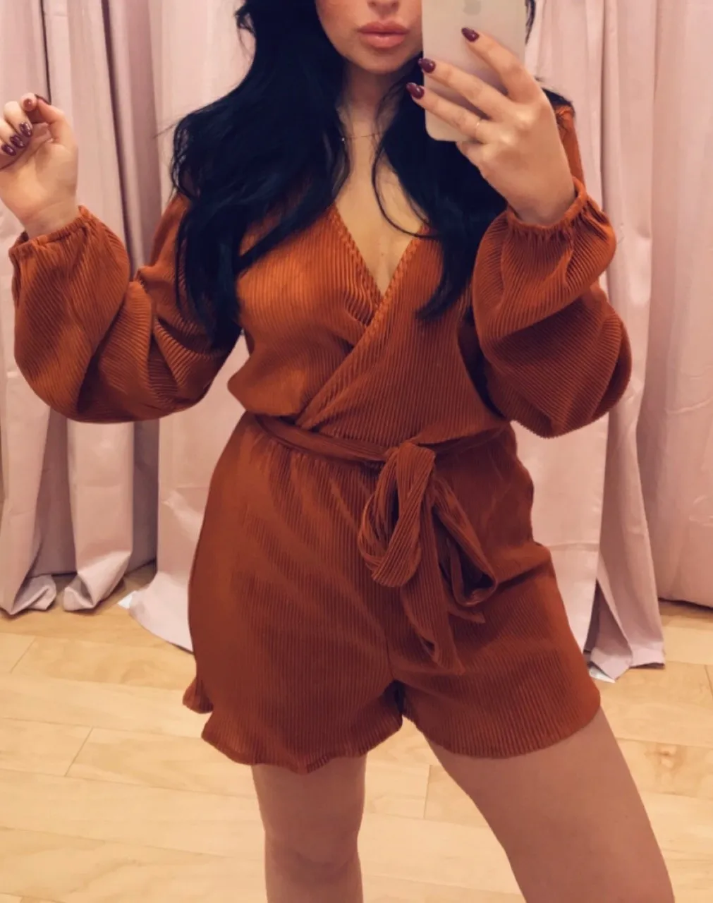Micro Pleat Faux Wrap Long Sleeve Romper