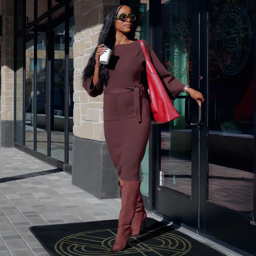 Midi Knitted Cocoon Dress - Hot Chocolate