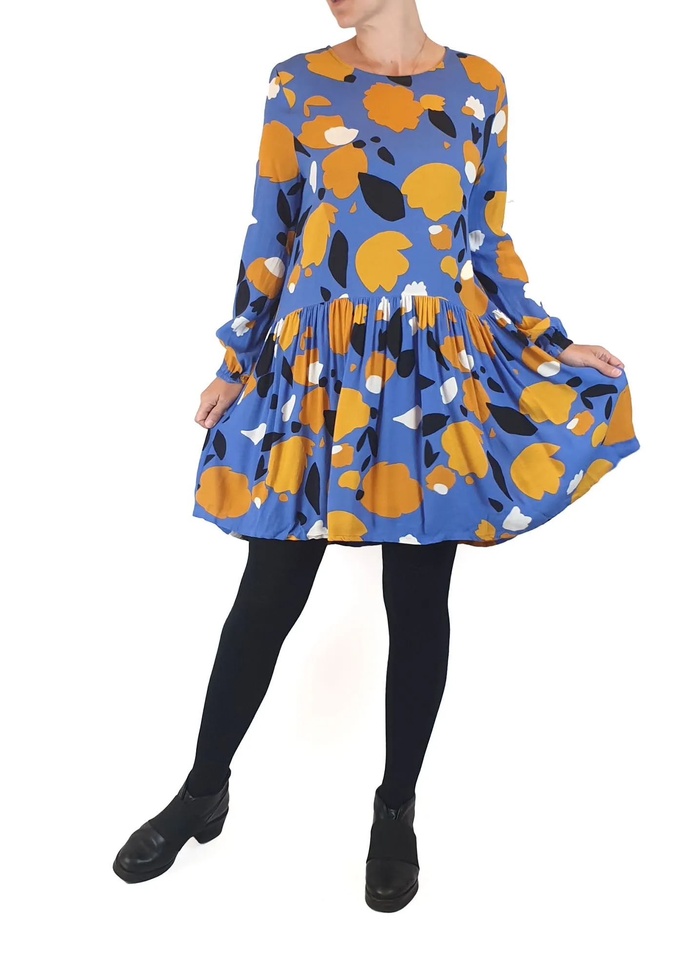 Mister Zimi blue and yellow print long sleeve dress size 8