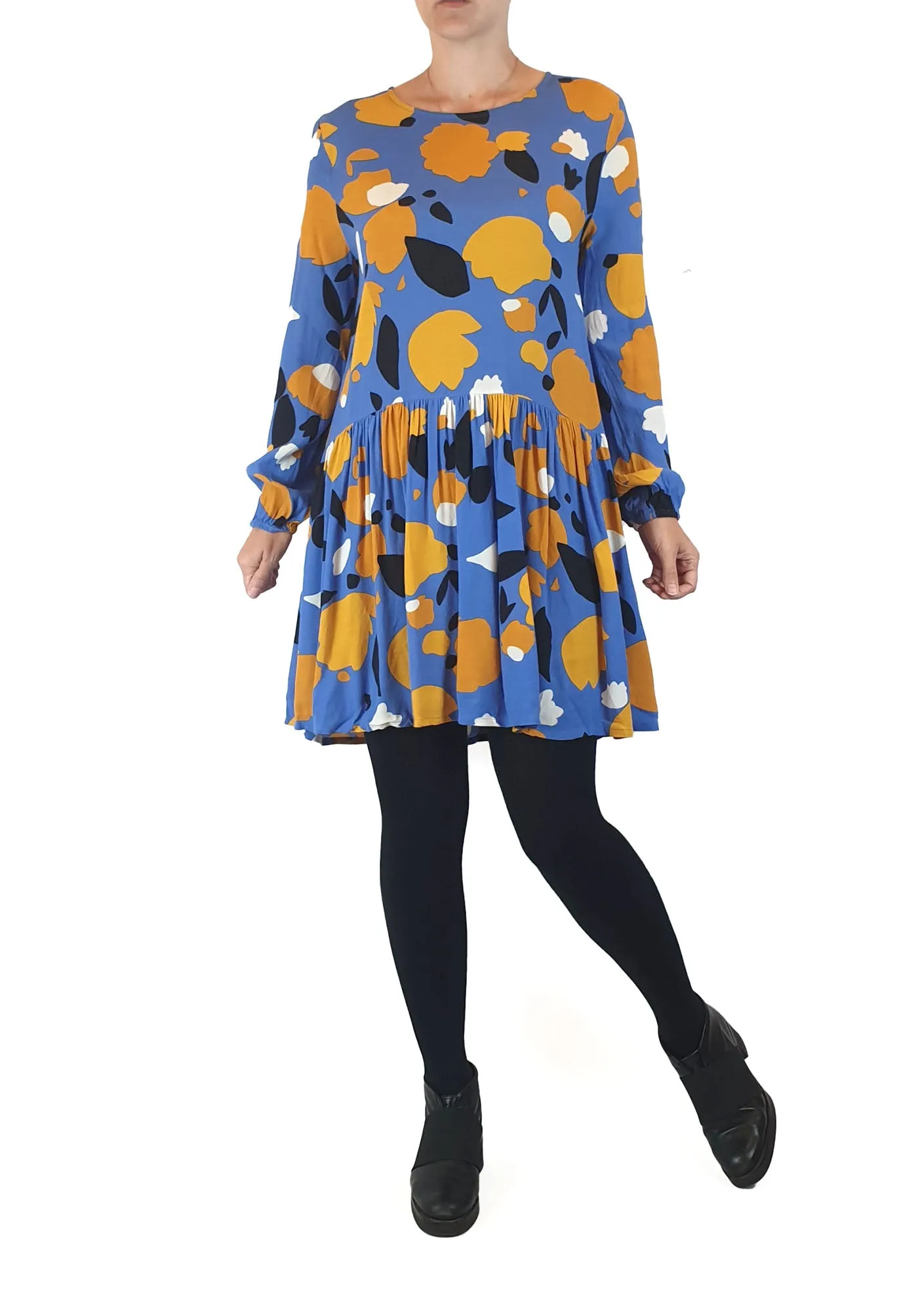 Mister Zimi blue and yellow print long sleeve dress size 8