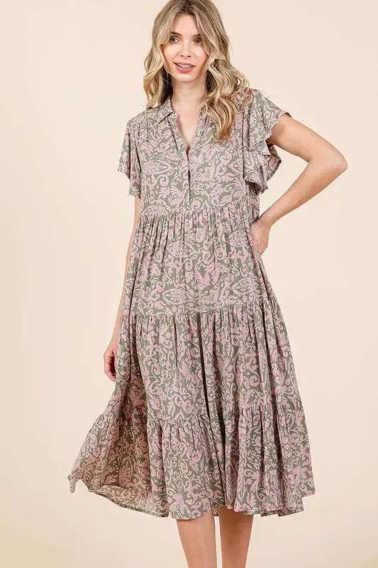 Mittoshop Abstract Print Ruffle Tier Midi Dress