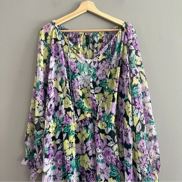 MNG Mango Textured Dress Tie Up Neckline Puff Sleeve Midi Floral Multicolor 20