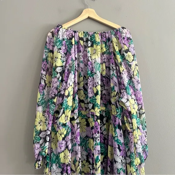 MNG Mango Textured Dress Tie Up Neckline Puff Sleeve Midi Floral Multicolor 20