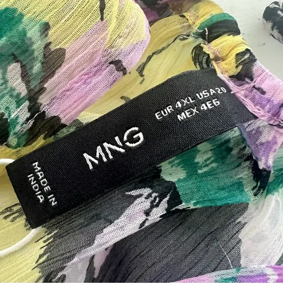 MNG Mango Textured Dress Tie Up Neckline Puff Sleeve Midi Floral Multicolor 20