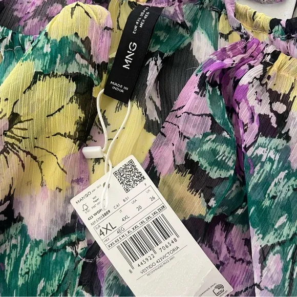 MNG Mango Textured Dress Tie Up Neckline Puff Sleeve Midi Floral Multicolor 20