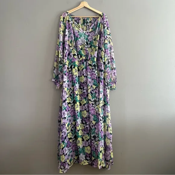 MNG Mango Textured Dress Tie Up Neckline Puff Sleeve Midi Floral Multicolor 20