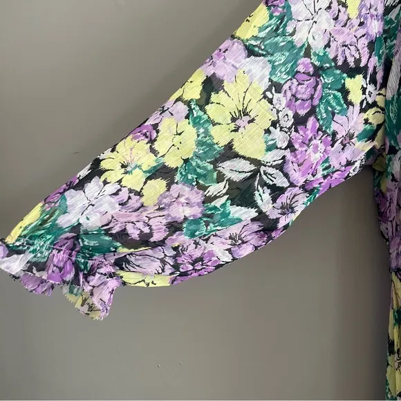 MNG Mango Textured Dress Tie Up Neckline Puff Sleeve Midi Floral Multicolor 20