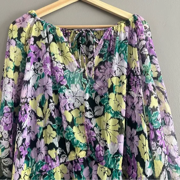 MNG Mango Textured Dress Tie Up Neckline Puff Sleeve Midi Floral Multicolor 20