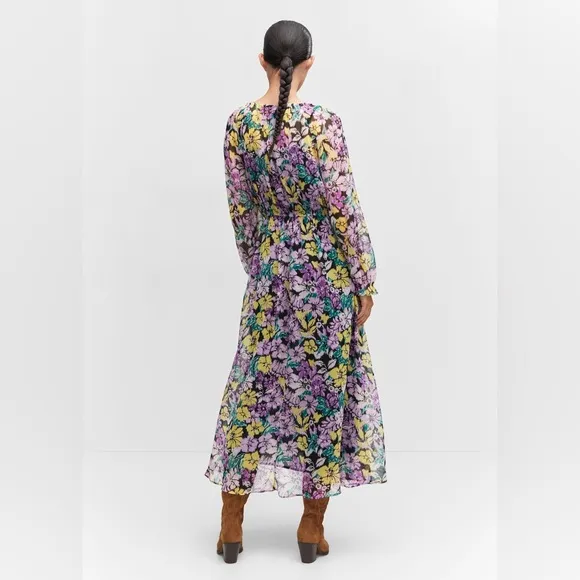 MNG Mango Textured Dress Tie Up Neckline Puff Sleeve Midi Floral Multicolor 20
