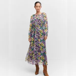 MNG Mango Textured Dress Tie Up Neckline Puff Sleeve Midi Floral Multicolor 20