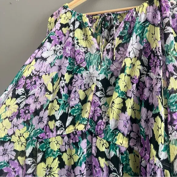 MNG Mango Textured Dress Tie Up Neckline Puff Sleeve Midi Floral Multicolor 20