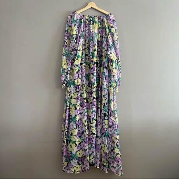 MNG Mango Textured Dress Tie Up Neckline Puff Sleeve Midi Floral Multicolor 20